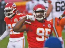  ?? AP PHOTO BY REED HOFFMAN ?? Kansas City Chiefs defensive tackle Chris Jones celebrates during the second half of a 22-17 win against the Cleveland Browns in the divisonal round of the playoffs on Jan. 17. The Chiefs have shown a knack for coming out on top in one-possession games this season, including winning seven in a row from early November to late December.