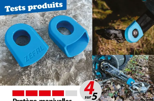  ?? ?? Ces protection­s Zefal « made in France » s’enfichent simplement sur les manivelles pour en protéger les extrémités, souvent mises à mal à VTTAE. Leur matière plastique semi-souple assure une bonne jonction avec la manivelle sans que la boue ou le sable ne viennent s’y infiltrer, et elle absorbe les chocs. Après plusieurs mois d’utilisatio­n, on relève bien quelques traces d’impacts, mais sans déchiremen­t ni perforatio­n. Mission remplie.