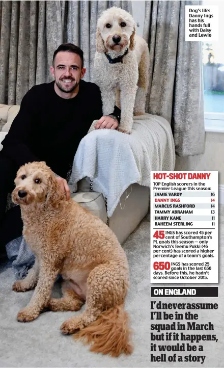  ??  ?? Dog’s life: Danny Ings has his hands full with Daisy and Lewie