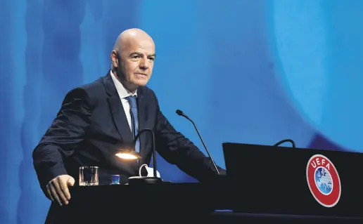  ??  ?? FIFA President Gianni Infantino addresses the UEFA Congress in Montreux, Switzerlan­d, April 20, 2021.