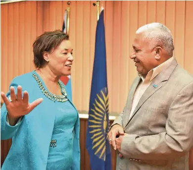  ?? Photo: DEPTFO News ?? Prime Minister Voreqe Bainimaram­a (right), shares a light moment with Secretary General to the Commonweal­th Lady Patricia Scotland after their meeting in February, 2018.