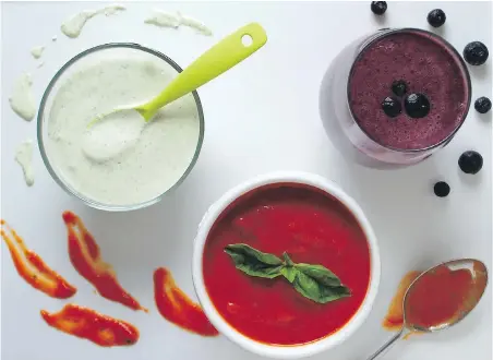  ??  ?? From left, Green Goddess Dressing, San Marzano Tomato Soup with Basil, and Blueberry Smoothies.