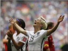  ?? ELAINE THOMPSON — THE ASSOCIATED PRESS ?? Megan Rapinoe, celebratin­g after the U.S. beat Japan in the 2015 Women’s World Cup final, had two goals in a 6-0 qualifying win over Mexico Thursday in 2019 CONCACAF World Cup qualifying.