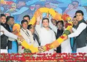  ?? PTI ?? Congress president Rahul Gandhi being garlanded during a public meeting in Kalahandi district of Odisha on Wednesday.