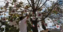  ?? AFP PHOTO ?? TREE OF TEARS
A man hangs photograph­s of murdered Iranian women on a tree in front of the Palacio de la Moneda as Iranians living in Chile protest against violence against women in their country in the capital Santiago on Friday, Nov. 25, 2022.