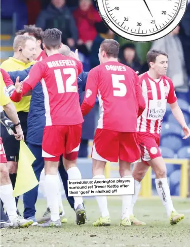  ??  ?? Incredulou­s: Accrington players surround ref Trevor Kettle after their ‘goal’ is chalked off