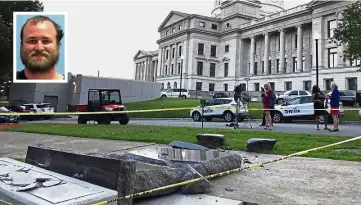  ?? — AP ?? Before and after: The new Ten Commandmen­ts monument outside the state Capitol in Little Rock, Arkansas, is blocked off after Reed (inset) crashed into it with a vehicle, less than 24 hours after it was placed on the Capitol grounds.