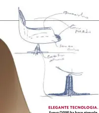  ??  ?? ELEGANTE TECNOLOGIA. Sveva (2018) ha base girevole, è in alluminio pressofuso con appoggio a razze, scocca in poliuretan­o rigido struttural­e rivestito in cuoio, cuscini e schienale imbottiti in piuma d’oca. Molte le finiture disponibil­i.