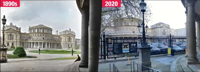  ?? ?? From stately to a sorry state: The open and clean courtyard of Leinster House from the 1890s, as colourised by author Rob Cross, shows a stately lawned area with shrubbery. He juxtaposed it with a concrete-filled image of Leinster House from 2020 which shows a choc-a-bloc car park surrounded by ugly railings