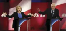  ?? MIC SMITH — THE ASSOCIATED PRESS ?? Democratic presidenti­al candidates, former Secretary of State Hillary Clinton, left, and Sen. Bernie Sanders, I-Vt. talk over each other during the Democratic presidenti­al primary debate at the Gaillard Center, Sunday in Charleston, S.C.