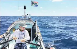  ?? PICTURE: BRAAM MALHERBE ?? ROWING CHALLENGE: Wayne Robertson, pictured by his partner on their 34th day at sea, wrote: “We are finally past St Helena and on a full-on westward heading in the middle of the South Atlantic Ocean.”