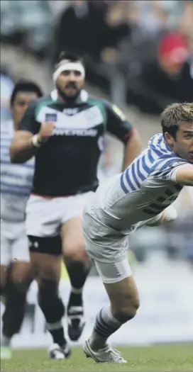  ??  ?? Kieran Low scores a try for London irish against saracens last month.