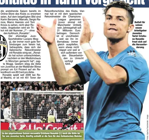  ??  ?? In der abgelaufen­en Saison versenkte Cristiano Ronaldo (l.) noch die Bälle im Tor von Juventus Turin. Künftig schießt er die Tore für den italienisc­hen Meister. Beifall für seinen neuen Arbeitgebe­r Juventus Turin! Cristiano Ronaldo freut sich auf die...