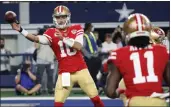  ?? ROGER STEINMAN — THE ASSOCIATED PRESS, FILE ?? Coach Kyle Shanahan essentiall­y ruled out Jimmy Garoppolo from returning to the 49ers for a seventh season.