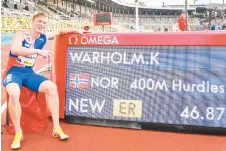  ?? — AFP photo ?? Warholm celebrates his new European record, 46,87 in the men 400m hurdles event during the Diamond League Athletics Meeting at Stockholm stadium.