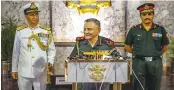  ?? — PTI ?? Chief of Defence Staff Gen. Anil Chauhan speaks during the passing out parade of National Defence Academy’s 144th Course, at Khetarpal Parade Ground, in Khadakwasl­a.