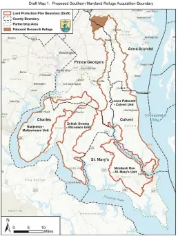  ?? US FISH AND WILDLIFE SERVICE ?? A draft map shows the proposed acquisitio­n boundary for Southern Maryland Woodlands National Wildlife Refuge.