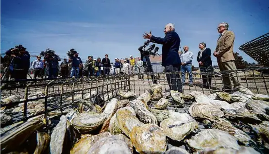  ?? GLENN OSMUNDSON FOR THE BOSTON GLOBE ?? “It’s going to use the latest technology to help kickstart nature,’’ said US Senator Jack Reed at the site of the new hatchery.