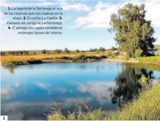  ??  ?? La laguna de la Sarteneja es una de las reservas que nos esperan en la
etapa. El cortijo La Capilla. Fachada del cortijo de La Sarteneja. El paisaje nos regala verdaderas
estampas típicas del interior.