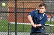  ?? BARRY TAGLIEBER — FOR DIGITAL FIRST MEDIA ?? Upper Merion’s Jaden Mayer follows through on a return during the PAC Singles Tournament Saturday.