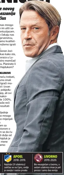  ??  ?? Trenirao ga je u dva navrata, ukupno u 29 službenih utakmica, dobro se snašao...
Najdulje (31 utakmicu) zadržao se na Cipru, ondje je osvojio i naslov prvaka
Bio neuspješan u Livornu, u sedam utakmica imao je pet poraza i samo dva remija