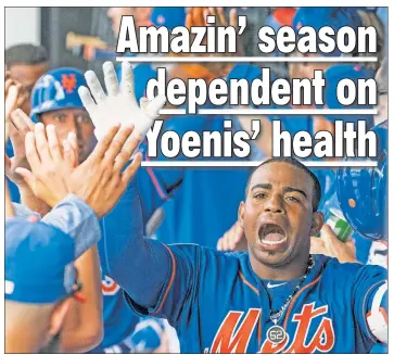  ?? Anthony J. Causi ?? OH YEAH! Yoenis Cespedes celebrates with teammates in the dugout after his three-run homer during the second inning of the Mets’ 10-3 exhibition win over the Marlins Sunday.