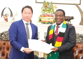  ?? ?? President Mnangagawa receives a special message from Korean Special Envoy Chey Tae-won at State House in Harare on Friday. — Picture: Justin Mutenda