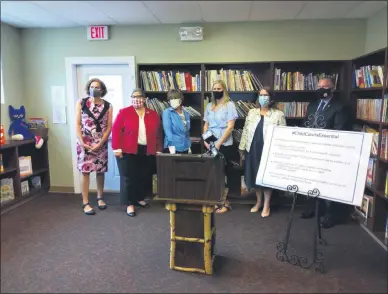  ?? MELISSA SCHUMAN - MEDIANEWS GROUP ?? From left: Assemblywo­man Patricia Fahy, Assemblywo­man Carrie Woerner, home childcare union advocate Pam Wells, Maple Leaf Child Care Center operator Katie Dobies, Maple Leaf Child Care Center owner Linda Moran, and Assemblyma­n John McDonald.