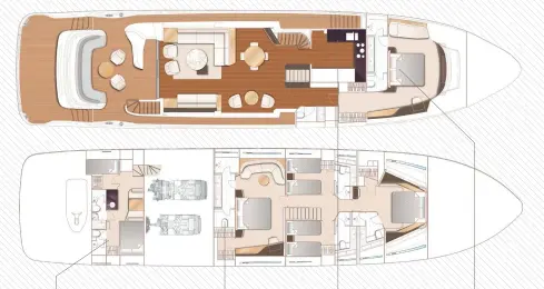  ??  ?? CREW CABIN
Crew accommodat­ion is tucked in between the optional beach club and the engineroom
MASTER OR VIP
This is actually the largest cabin on board even if you specify the main deck master suite
STAIRCASE
These stairs lead up to the sky lounge. Access to the flybridge is from the cockpit or port deck
DECK LAYOUT
The forward end of the main deck can be specified as a cabin, galley or cinema