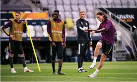  ??  ?? Edinson Cavani unleashes a shot as Manchester United train on the Gdansk pitch before the Europa League final against Villarreal. Photograph: Ash Donelon/Manchester United/ Getty Images
