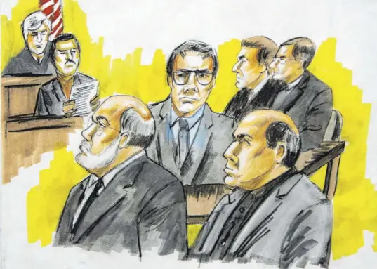  ?? Verna Sadock The Associated Press file ?? U.S. District Judge James Zagel, left, looks on as the verdict is read to defendants Frank Calabrese Sr., Joseph “Joey the Clown” Lombardo and James Marcello, front row, and Anthony Doyle and Paul Schiro, background right, in their 2007 trial.