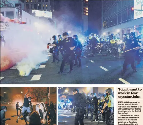  ?? MAIN PICTURE: JOSEPH PREZIOSO /AFP/GETTY IMAGES ?? FLASHPOINT: Smoke rises around police as they use pepper spray during clashes with protesters after in Boston, Massachuse­tts, top; above left, demonstrat­ors vandalise a car near the White House in Washington; right, police in Boston.