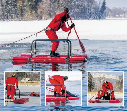  ??  ?? Die Berufsfeue­rwehr übt den Einsatz ihres „Eisretters“. Der Kollege im Neoprenanz­ug ist rasch geborgen.