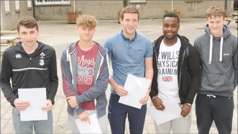  ??  ?? Simon Cox, Oliver Dunne, Kevin Carr, James Elebiola and Ciaran McCabe, who collected their Leaving Certificat­e Results at Dundalk Grammar School.