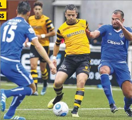  ?? Picture: Andy Jones FM4506501 Buy this picture from kentonline.co.uk ?? Stones’ Ben Greenhalgh prepares to slot the ball through against Guiseley last Saturday