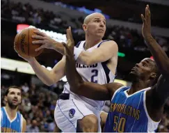  ?? Associated Press ?? ■ In this Dec. 14, 2009, file photo, Dallas Mavericks guard Jason Kidd (2) prepares to pass the ball as New Orleans Hornets center Emeka Okafor (50) defends during the second half of an NBA basketball game in Dallas. Kidd, Steve Nash and Grant Hill are...