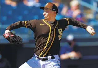  ?? K.C. ALFRED U-T ?? Padres pitcher Blake Snell, shown earlier this spring against Milwaukee, still hasn’t allowed a run after throwing three scoreless innings against the Brewers on Monday.