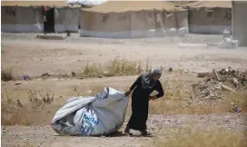  ?? (Alkis Konstantin­idis/Reuters) ?? A DISPLACED IRAQI carries supplies for her tent at a refugee camp in Salamiya.