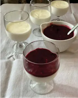  ?? Photograph: Rachel Roddy/ The Guardian ?? Rachel Roddy’s panna cotta topped with frozen fruit compote.