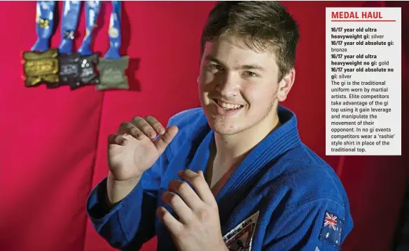  ?? PHOTO: KEVIN FARMER ?? MEDAL HAUL: Brazilian jiu jitsu martial artist Kahn Asgill won gold, two silver and bronze medals at the 2017 Pan Pacific Jiu Jitsu Championsh­ips in Melbourne.