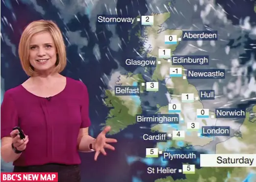  ??  ?? Sarah Keith-Lucas presents the new-look forecast. Larger place names and lines under temperatur­es have come under fire