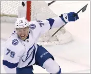  ?? REINHOLD MATAY - THE ASSOCIATED PRESS ?? Tampa Bay’s Ross Colton celebrates after scoring with 3.8 seconds left to beat Florida on Thursday.