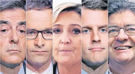  ?? FOTO: REUTERS ?? Sie alle hoffen auf den Einzug in den Elysée-Palast (v.l.): François Fillon (Republikan­er), Benoît Hamon (Sozialiste­n), Marine Le Pen (Front National), Emmanuel Macron (En Marche) und Jean-Luc Mélenchon (Linksparte­i).