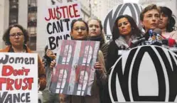  ??  ?? The National Organisati­on for Women hold a news conference over the decision of the Manhattan district attorney, Cyrus R. Vance Jr, to not to pursue charges against Weinstein when a case was lodged in 2015, on Friday in New York City.