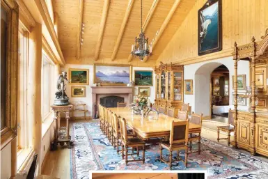  ??  ?? The paintings around the dining room fireplace are—top to bottom, left to right—night Time in Wyoming, ca. 1930, by Frank Tenney Johnson (18741939); Indian Horse Race, by Albert Bierstadt (18301902); Jackson Lake, ca. 1920, by John Fery (1859-1934);Johnson’s While Trail-weary Cattle are Sleeping, ca. 1935; and Bierstadt’s Indian Burial, Scott’s Bluff, Nebraska, ca. 1859. To the left of the arch is Winter Camp of the Sioux,ca. 1930, by William Herbert “Buck” Dunton (1878-1936). To the right are, top to bottom, Indian Encampment, ca. 1900, by Joseph Henry Sharp (18591953), and his Cheyenne Teepee. Above the arch is Ted J. Feeley’s Mountain Stage,2009. The large bronze on the left is Au Loup!, 1888, by Louis Auguste Hiolin (1846-1910). The Elk Antler Candelabra,2017, is by Jenny Booth.