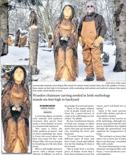  ?? DESIREE ANSTEY/ JOURNAL PIONEER ?? Summerside chainsaw carver Wayne Ellis reveals his newest wood creation Danu, the Celtic goddess of nature. Danu stands six-feet high in his backyard, while overlookin­g wild animals and mythical creatures that sprout from under a fresh blanket of snow.