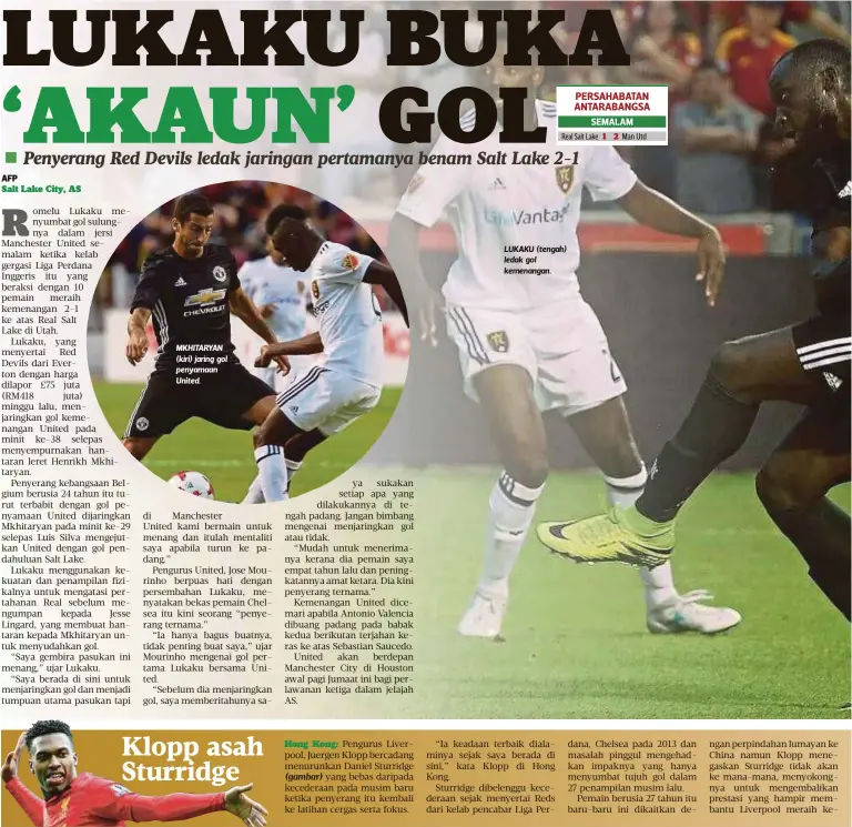  ??  ?? MKHITARYAN (kiri) jaring gol penyamaan United. LUKAKU (tengah) ledak gol kemenangan.