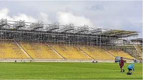  ?? VANESSA LAURIE/STUFF ?? Work has started on installing a new PVC roof on the West Stand at Yarrow Stadium.