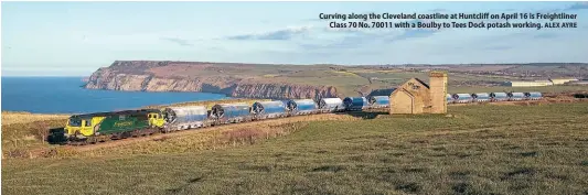  ?? ALEX AYRE ?? Curving along the Cleveland coastline at Huntcliff on April 16 is Freightlin­er Class 70 No. 70011 with a Boulby to Tees Dock potash working.