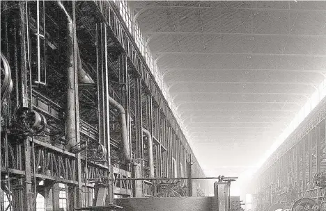  ?? CANAL MUSEUM ARCHIVES ?? A high-pressure cylinder is machined in Bethlehem Steel's No. 2 Machine Shop in 1924. The left end is resting on a planer bed; the right end is being bored by a horizontal boring mill. The company that is buying the former Steel property is looking into options for the building.